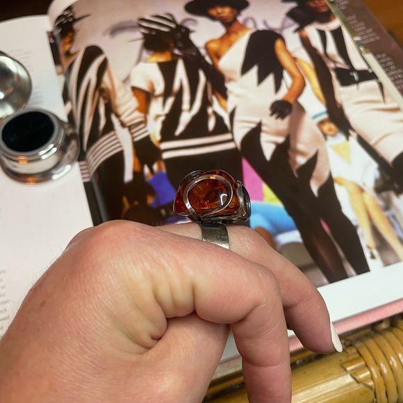 Unique Vintage Sterling Silver Ring With Large Caged Amber Stone Size 8 - Picture 7 of 9